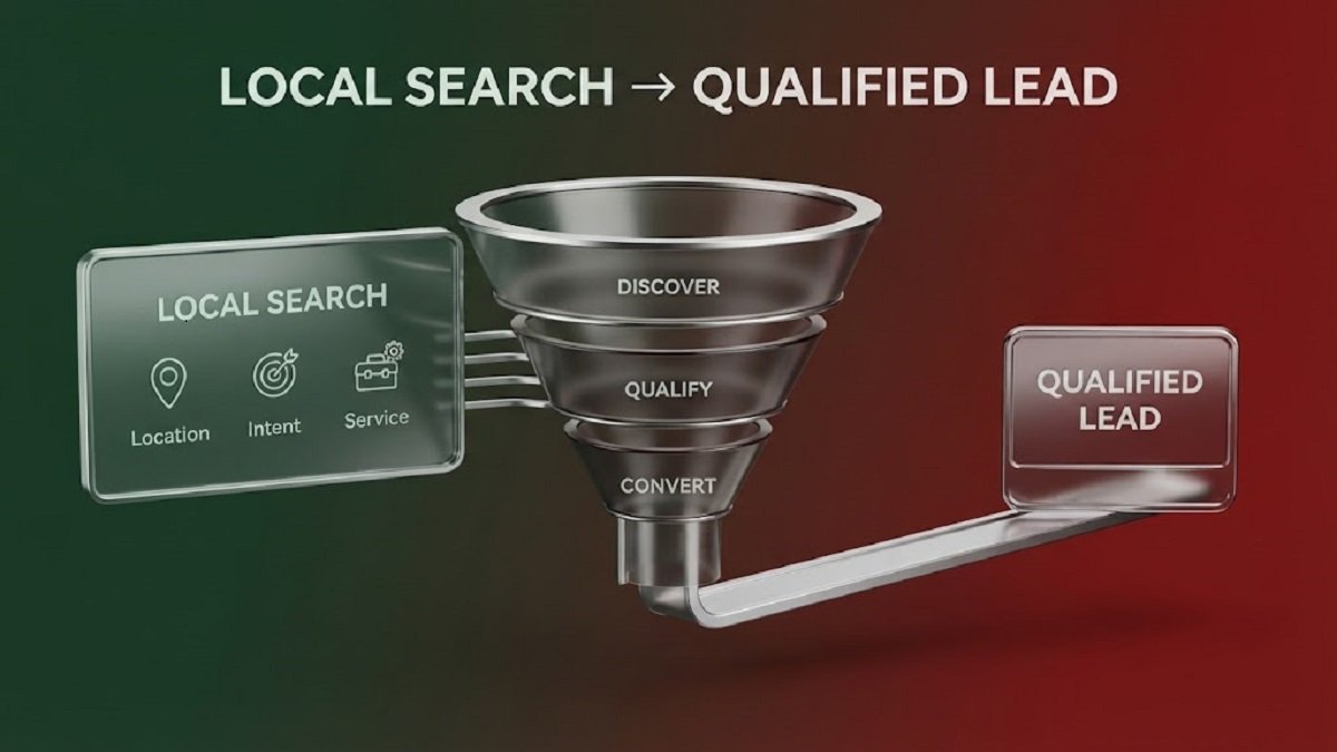 Modern 3D graphic showing a local search funnel that guides users from Local Search through Discover, Qualify, and Convert to a Qualified Lead.