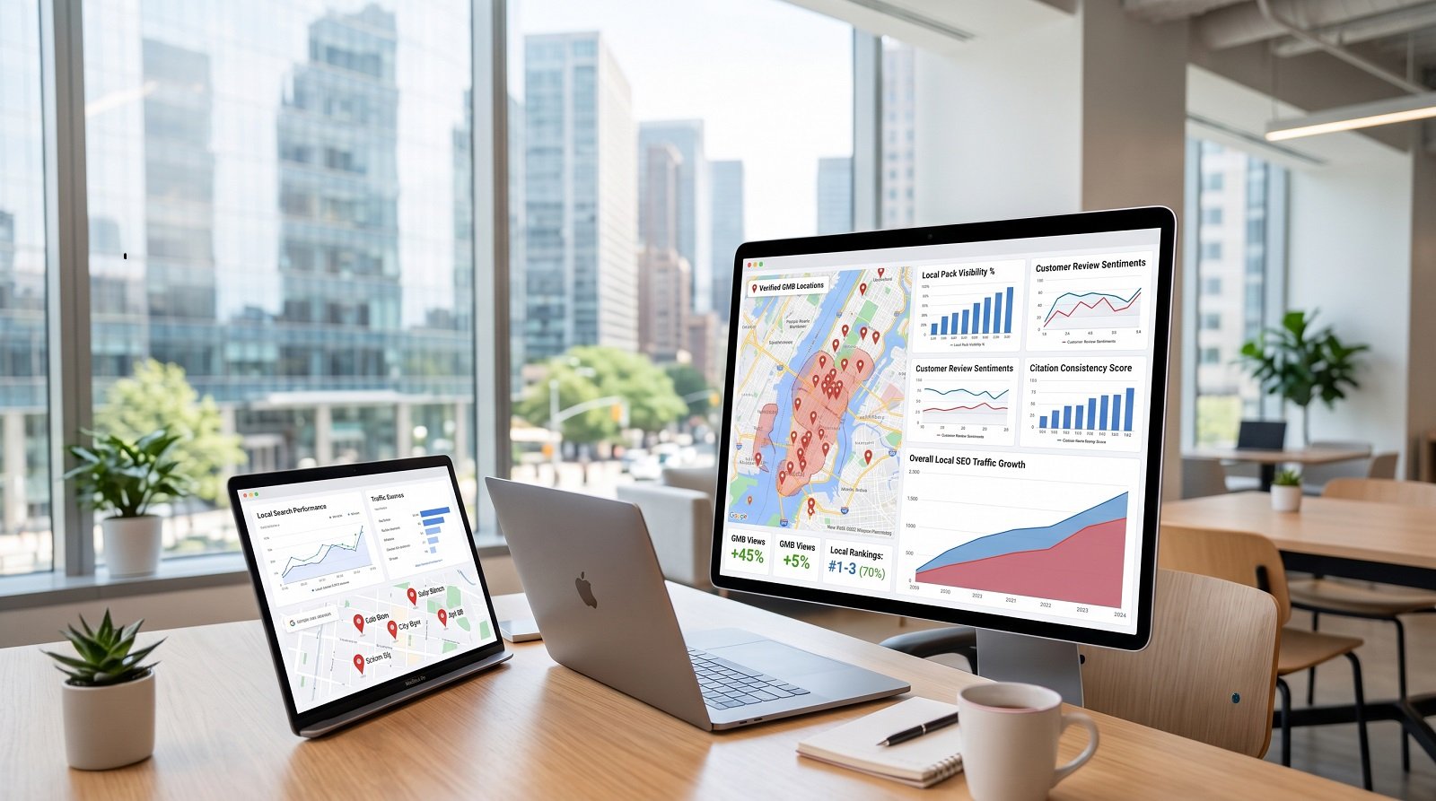 Modern office setup with a laptop desplaying local seo analytics and Google local business ranking